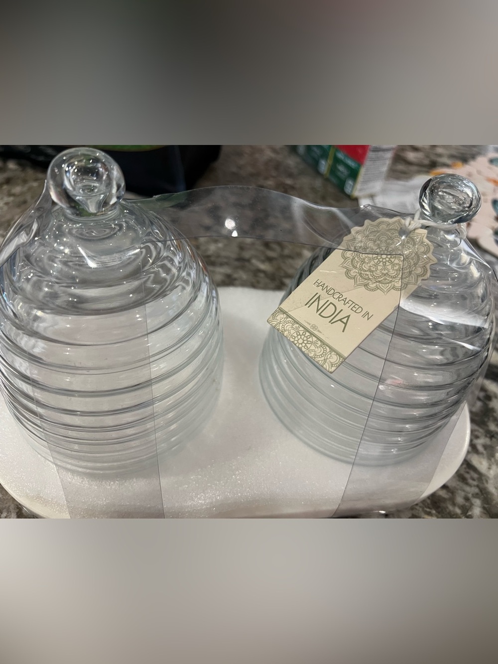 Handcrafted India Clear Glass Ribbed Bowl Apothecary marble base set new